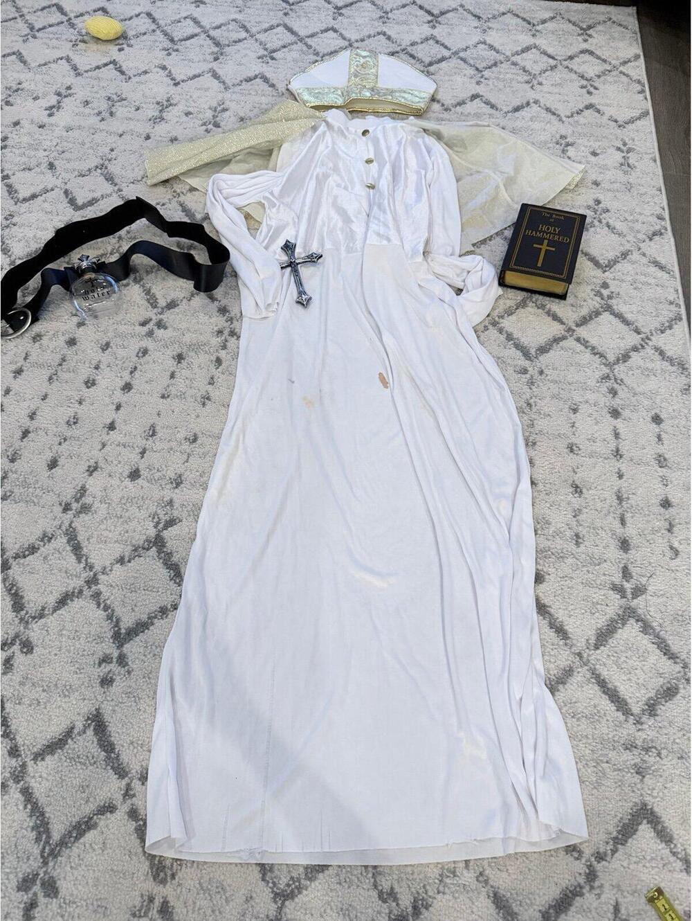 Adult Pope Costume White Robe Religious Halloween Cosplay Set w/ Accessories